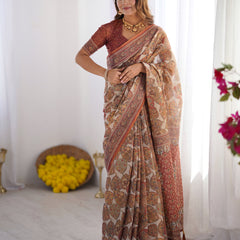 Handloom Linen Cotton Printed Saree with Traditional Mithila Art Pallu – Earthy Beige & Maroon