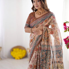 Handloom Linen Cotton Printed Saree with Traditional Mithila Art Pallu – Earthy Beige & Maroon