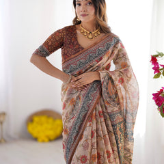 Handloom Linen Cotton Printed Saree with Traditional Mithila Art Pallu – Earthy Beige & Maroon