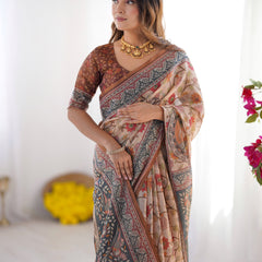 Handloom Linen Cotton Printed Saree with Traditional Mithila Art Pallu – Earthy Beige & Maroon