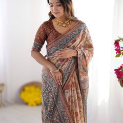 Handloom Linen Cotton Printed Saree with Traditional Mithila Art Pallu – Earthy Beige & Maroon