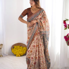Handloom Linen Cotton Printed Saree with Traditional Mithila Art Pallu – Earthy Beige & Maroon
