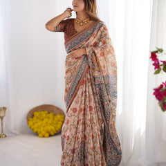Handloom Linen Cotton Printed Saree with Traditional Mithila Art Pallu – Earthy Beige & Maroon