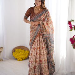 Handloom Linen Cotton Printed Saree with Traditional Mithila Art Pallu – Earthy Beige & Maroon