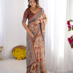 Handloom Linen Cotton Printed Saree with Traditional Mithila Art Pallu – Earthy Beige & Maroon