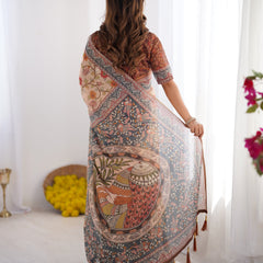 Handloom Linen Cotton Printed Saree with Traditional Mithila Art Pallu – Earthy Beige & Maroon