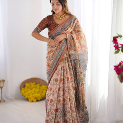 Handloom Linen Cotton Printed Saree with Traditional Mithila Art Pallu – Earthy Beige & Maroon