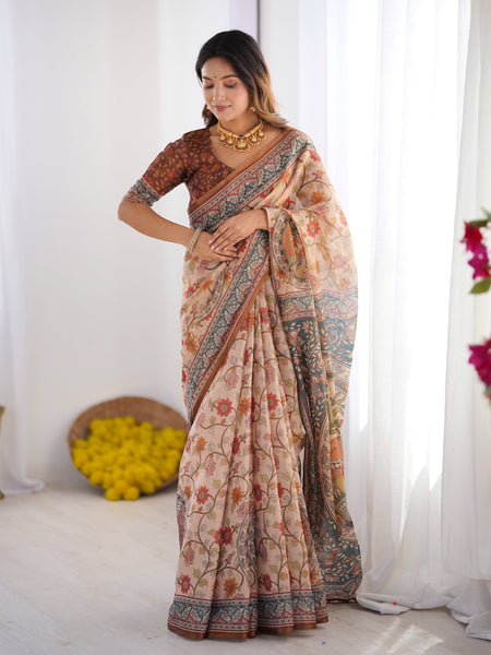 Handloom Linen Cotton Printed Saree with Traditional Mithila Art Pallu – Earthy Beige & Maroon