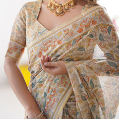 Handloom Linen Cotton Printed Saree with Mythical Animal Art Pallu – Soft Cream with Terracotta & Teal Accents