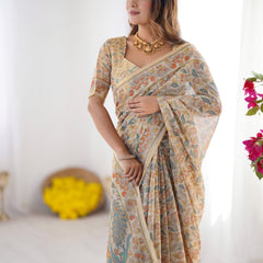 Handloom Linen Cotton Printed Saree with Mythical Animal Art Pallu – Soft Cream with Terracotta & Teal Accents