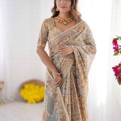 Handloom Linen Cotton Printed Saree with Mythical Animal Art Pallu – Soft Cream with Terracotta & Teal Accents
