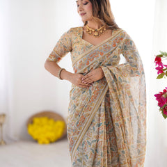 Handloom Linen Cotton Printed Saree with Mythical Animal Art Pallu – Soft Cream with Terracotta & Teal Accents