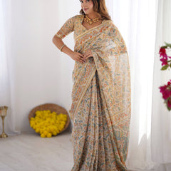 Handloom Linen Cotton Printed Saree with Mythical Animal Art Pallu – Soft Cream with Terracotta & Teal Accents