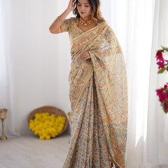 Handloom Linen Cotton Printed Saree with Mythical Animal Art Pallu – Soft Cream with Terracotta & Teal Accents
