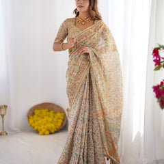 Handloom Linen Cotton Printed Saree with Mythical Animal Art Pallu – Soft Cream with Terracotta & Teal Accents
