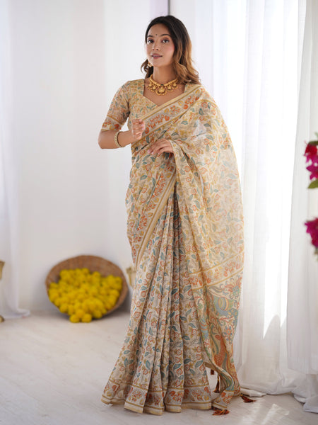 Handloom Linen Cotton Printed Saree with Mythical Animal Art Pallu – Soft Cream with Terracotta & Teal Accents