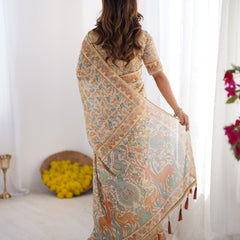 Handloom Linen Cotton Printed Saree with Mythical Animal Art Pallu – Soft Cream with Terracotta & Teal Accents