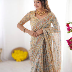 Handloom Linen Cotton Printed Saree with Mythical Animal Art Pallu – Soft Cream with Terracotta & Teal Accents