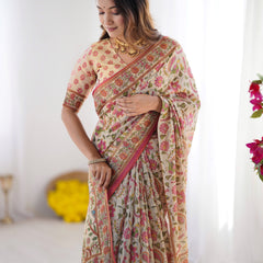 Cream Pink Handloom Linen Cotton Printed Saree with Folk Art Bird Motif Pallu