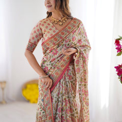 Cream Pink Handloom Linen Cotton Printed Saree with Folk Art Bird Motif Pallu
