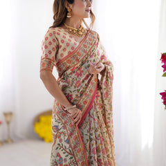 Cream Pink Handloom Linen Cotton Printed Saree with Folk Art Bird Motif Pallu