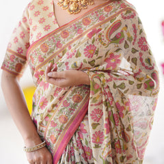 Cream Pink Handloom Linen Cotton Printed Saree with Folk Art Bird Motif Pallu