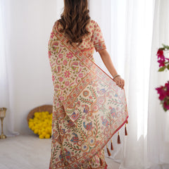 Cream Pink Handloom Linen Cotton Printed Saree with Folk Art Bird Motif Pallu