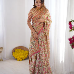 Cream Pink Handloom Linen Cotton Printed Saree with Folk Art Bird Motif Pallu