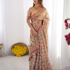 Cream Pink Handloom Linen Cotton Printed Saree with Folk Art Bird Motif Pallu