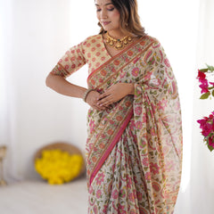 Cream Pink Handloom Linen Cotton Printed Saree with Folk Art Bird Motif Pallu