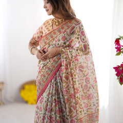 Cream Pink Handloom Linen Cotton Printed Saree with Folk Art Bird Motif Pallu