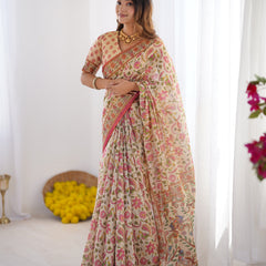 Cream Pink Handloom Linen Cotton Printed Saree with Folk Art Bird Motif Pallu