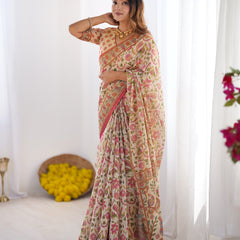 Cream Pink Handloom Linen Cotton Printed Saree with Folk Art Bird Motif Pallu