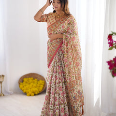 Cream Pink Handloom Linen Cotton Printed Saree with Folk Art Bird Motif Pallu