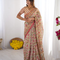 Cream Pink Handloom Linen Cotton Printed Saree with Folk Art Bird Motif Pallu