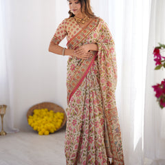 Cream Pink Handloom Linen Cotton Printed Saree with Folk Art Bird Motif Pallu