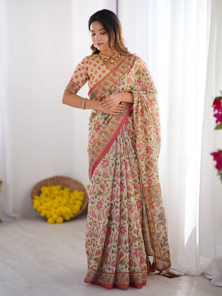 Cream Pink Handloom Linen Cotton Printed Saree with Folk Art Bird Motif Pallu