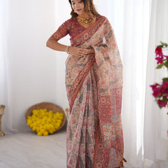 Blush Cream Handloom Linen Cotton Saree with Artistic Bird Motif Pallu