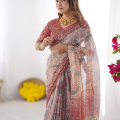 Blush Cream Handloom Linen Cotton Saree with Artistic Bird Motif Pallu