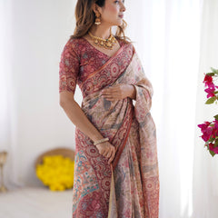 Blush Cream Handloom Linen Cotton Saree with Artistic Bird Motif Pallu