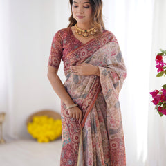 Blush Cream Handloom Linen Cotton Saree with Artistic Bird Motif Pallu