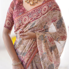 Blush Cream Handloom Linen Cotton Saree with Artistic Bird Motif Pallu