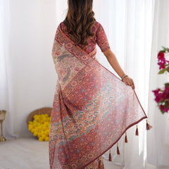 Blush Cream Handloom Linen Cotton Saree with Artistic Bird Motif Pallu