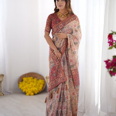 Blush Cream Handloom Linen Cotton Saree with Artistic Bird Motif Pallu