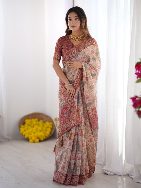 Blush Cream Handloom Linen Cotton Saree with Artistic Bird Motif Pallu