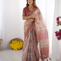 Blush Cream Handloom Linen Cotton Saree with Artistic Bird Motif Pallu