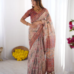 Blush Cream Handloom Linen Cotton Saree with Artistic Bird Motif Pallu