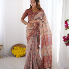 Blush Cream Handloom Linen Cotton Saree with Artistic Bird Motif Pallu