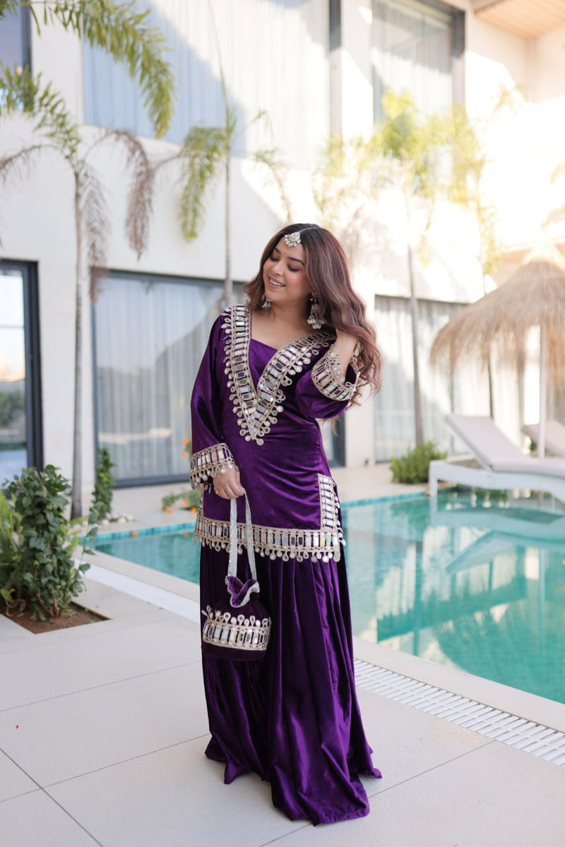 Wine Purple Ice Velvet Zari & Mirror Work Top with Flared Palazzo Set