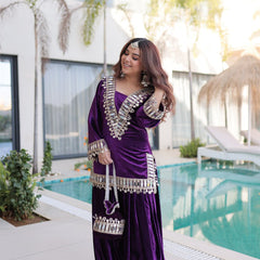 Wine Purple Ice Velvet Zari & Mirror Work Top with Flared Palazzo Set